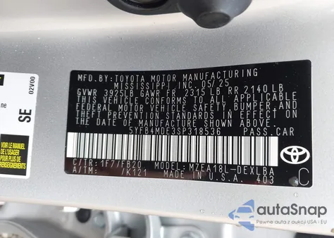 2025 Toyota Corolla Le из США, поврежденный, VIN 5YFB4MDE3SP318536